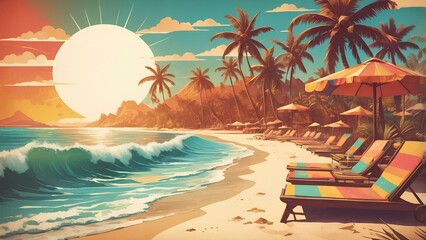 Obraz premium Vintage poster of tropical beach with palm trees, cocktails, and sun loungers, ideal for summer travel, tourism, and vacation themes