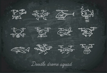 Childlike rough vector doodles of various drones on blackboard background. Delivery, underwater, quadcopter, helicopter, airplane, and spy drones