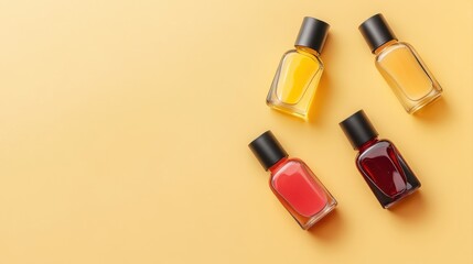 Obraz premium Nail polishes in bottles on color background, flat lay. Space for text