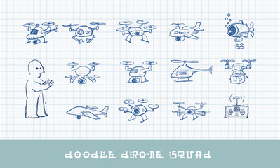 Childlike rough vector doodles of various drones. Delivery, underwater, quadcopter, helicopter, airplane, and spy drones graph paper background