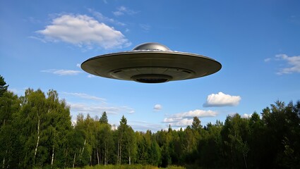 UFO hovering over a forest with a bright blue cloudy sky