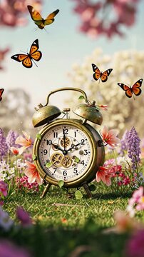 Vintage alarm clock and butterflies in blooming spring garden