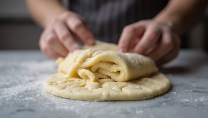 Hands folding fresh dough on a floured surface for baking