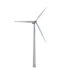 Sleek wind turbine stands tall, harnessing wind energy with three long, isolated on white or transparent background. PNG