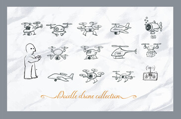 Childlike rough vector doodles of various drones. Delivery, underwater, quadcopter, helicopter, airplane, and spy drones on old paper background
