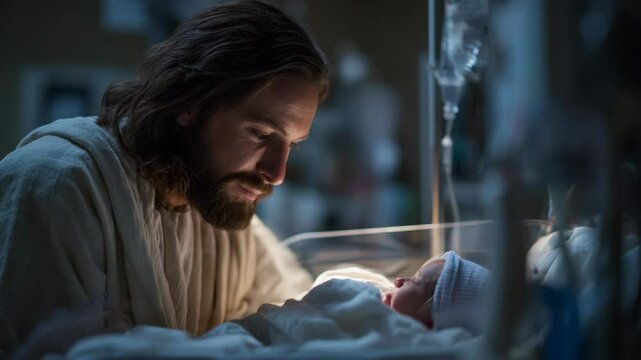Jesus Christ smiling looking at new born baby at hospital ward with love and care 