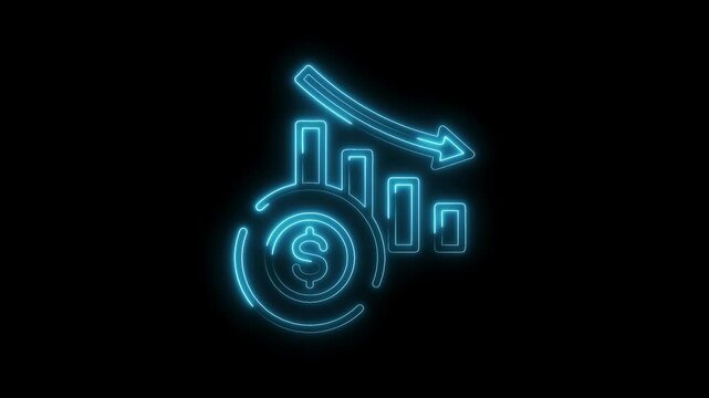 Glowing neon decrease chart with dollar icon representing recession or financial loss