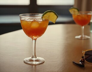 Cocktail and sunglasses on the desk: summer vacations