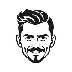 Head of man with stylish haircut and mustache, black and white vector portrait for barber shop or branding, vector portrait, male avatar, stylish haircut, modern hairstyle, black mustache