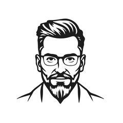 Head of man in glasses with mustache and beard, black and white vector portrait for barber shop or branding, vector portrait, male avatar, stylish haircut, modern hairstyle, black mustache