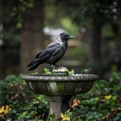 Fototapeta premium solitary black crow perched on stone fountain in garden – ideal for nature photography, wildlife themes, or mysterious outdoor scenes