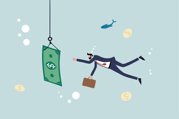 Investment risk or money trap, business fraud and cheating or financial pitfall and mistake concept, businessman diving into business ocean takes a bait to the hook fishing with money dollar banknote.