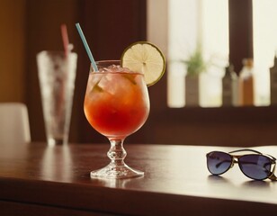 Cocktail and sunglasses on the desk: summer vacations