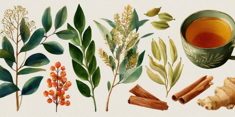 Watercolor Illustration of Spiced Chai Tea Ingredients for Culinary and Cafe Designs
