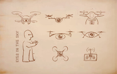 Doodle-style vector illustration of drones with eye-shaped cameras, remote control, and a childlike drone operator on vintage paper background.