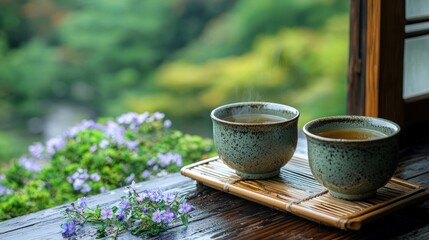 Two teacups on a bamboo tray, overlooking a misty garden