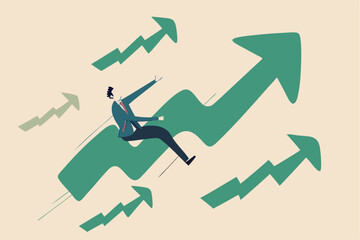 Stock market price rising up skyrocket in bull market, positive growing up business or ambition for winner investor concept, confidence businessman riding fast speed green rising up graph to the top.