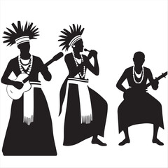 A modern flat design vector artwork featuring silhouettes of African tribal musicians. The classic black and white color palette is timeless and elegant, set against a white background
