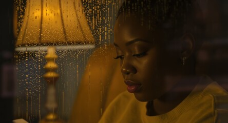Young woman reading beside window with raindrops and warm lamp light in dim indoor setting