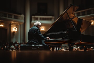 Concert pianist sits focused under spotlight in darkened elegant music hall