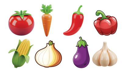 3D Cartoon Plastic Food Icon Set ? Glossy Vegetable Icons Isolated on Transparent Background.eps