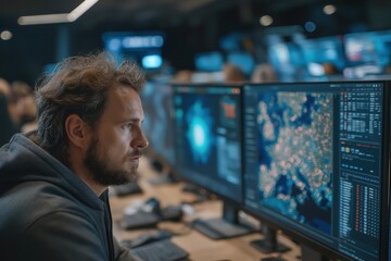 Cybersecurity expert monitors global threat maps across glowing high-resolution digital displays