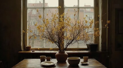 Rustic room, yellow blossoms, window view