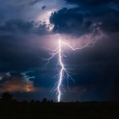 Fototapeta premium powerful blue lightning bolt splitting storm clouds over silhouetted forest – suitable for stormy night imagery, natural power, or dark atmospheric content