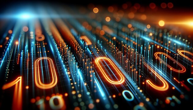 An abstract digital landscape with glowing binary code representing data flow and technology.
