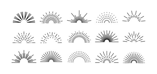 Vintage starburst. Sunburst shapes, bursting sun rays, sunshine. Radial fireworks burst, sunset and sunrise, star beams, sparkle elements. Vector classic boho logo line set