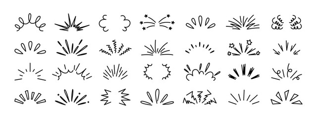 Doodle line sparkles. Surprise, shine sunburst sparkle with rays, comic explosion hand drawn cartoon icons. Firework flashes. Sketch expressive comic book vector isolated set