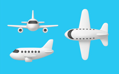 3d airplane. Realistic jet aircraft, plane toy soft render cartoon. Passenger planes front, side and top view flying in blue sky. Vector set for airline and tourism ads