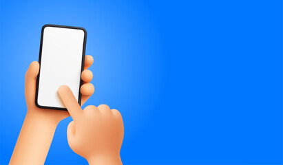 3D hands holding smartphone. Hand touch, scroll and swipe phone screen with finger, cartoon soft render style mockup on blue. Vector concept for cellphone app, UX design