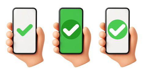 Check mark on smartphone screen. 3D hand holds phone with green tick icon, success, confirmation and approval sign. Cellphone payment realistic 3D soft render vector concept