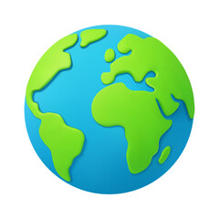 3d Earth. Cartoon planet world globe map with green continents and blue oceans. Vector illustration in plasticine soft render style for eco, global and Earth Day concept