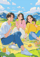 Illustration of three young people enjoying green macarons in the park