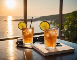 Cocktail and sunglasses on the desk: summer vacations