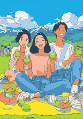 Illustration of three young people enjoying green macarons in the park