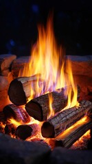 Glowing flames and burning logs creating a warm and cozy campfire scene at night