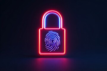 Neon Glowing Padlock Fingerprint Biometric Security Access Control System Technology