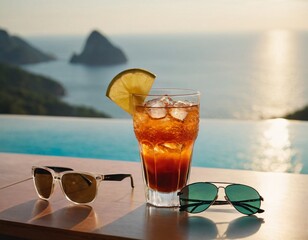 Cocktail and sunglasses on the desk: summer vacations