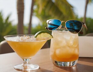 Cocktail and sunglasses on the desk: summer vacations