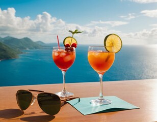 Cocktail and sunglasses on the desk: summer vacations