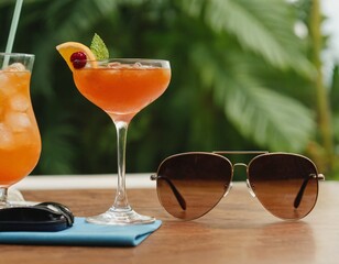 Cocktail and sunglasses on the desk: summer vacations