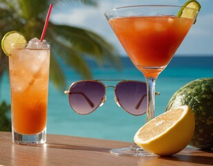 Cocktail and sunglasses on the desk: summer vacations