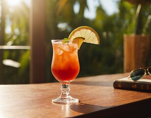 Cocktail and sunglasses on the desk: summer vacations