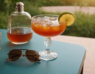 Cocktail and sunglasses on the desk: summer vacations