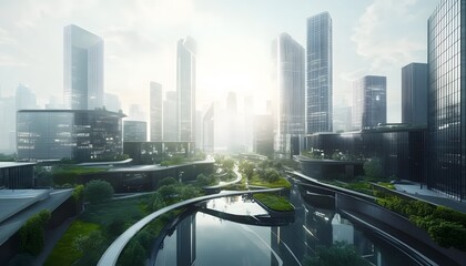 Modern cityscape with tranquil waterways and lush greenery.