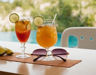 Cocktail and sunglasses on the desk: summer vacations