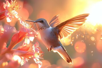 Obraz premium Hummingbird in flight, feeding on blossoms. Sunlight bathes the scene